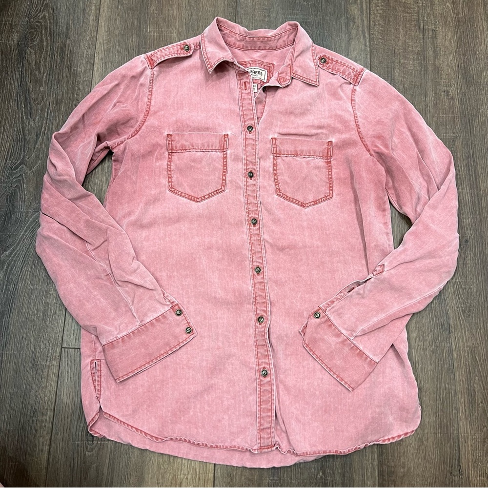 Express Boyfriend Red Washed Button Down